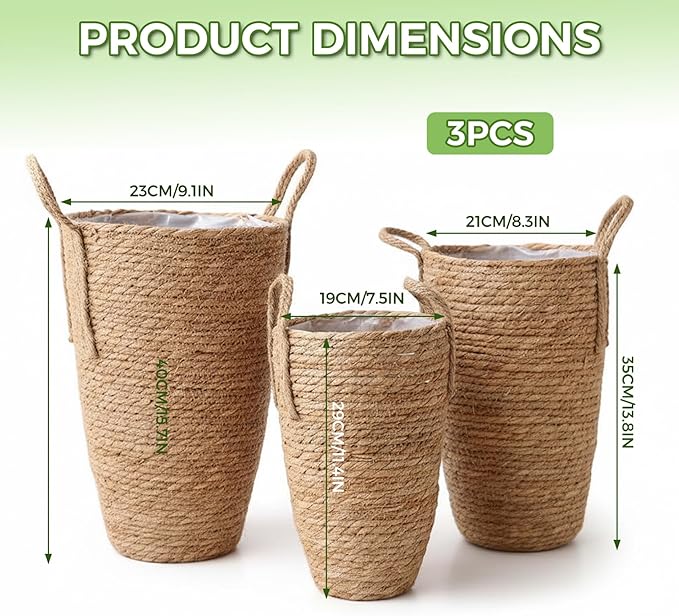 Woven Basket for Plant, 3PCS Rattan Planter, 3 Sizes Seagrass Woven Plant Basket with Waterproof Liner, Baskets Indoor with Handle for Balcony Home Decoration