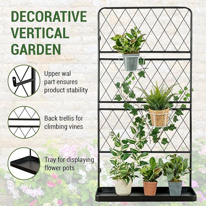 MyGift 4.5 ft Tall Garden Trellis Stand for Climbing Plants, Wall Mounted or Freestanding Black Metal Wire Diamond Lattice Plant Support Frame with Bottom Tray Planter Holder