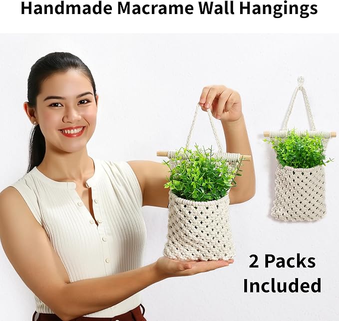 2 Packs Macrame Wall Planters with Artificial Eucalyptus | Macrame Plant Hanger, Wall Plant Holders for Boho, Bathroom, Bedroom & Wall Hanging Decor