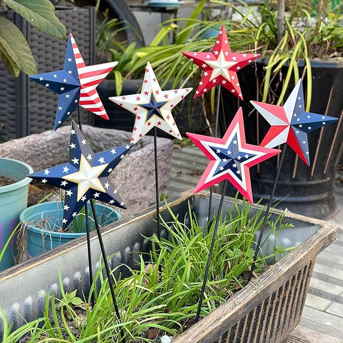 4th of July Decorations Outdoor 19" Metal Barn Star 6-Pack, Patriotic Outdoor Decorations, Rustic Iron Decorative Garden Stakes with American Flag Stars for Yard Patio Lawn