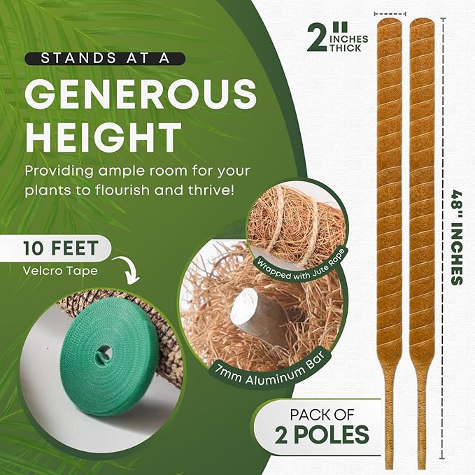 Bendable Moss Pole for Plants | 2 Pack 48 Inch Tall Moss Pole Monstera Plant Support | Large Poles for Climbing Plants | Handmade Coco Coir Plant Pole Sticks for Pothos