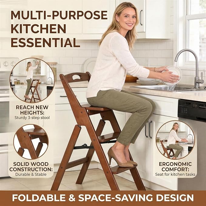 Baveke 3 Step Ladder Folding Step Stool with Handle, Wooden Step Stool Foldable and Kitchen Step Stools for Adults, Closet Stepstool & Collapsible Stool for Kitchen, Home, Indoor（FSC-Certified Bamboo）