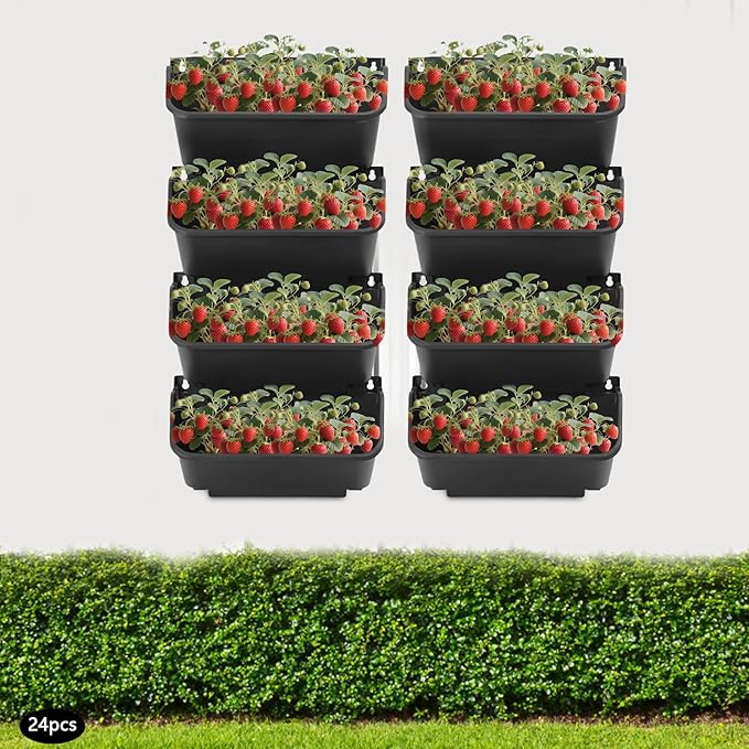 Bacocoo Vertical Garden Planter - 24 Pack, 13 inch Wall Mounted Planter for Patio Outdoor Decor, Home Green Plastic Pot Balcony Plant Vegetable Fruit Herb Hanging Pocket Holder Flowerpot. (Black)