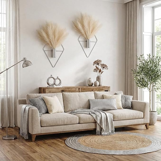 Canlierr 2 Pieces Wall Decor Hanging Planters with Artificial Plants Metal Hanging Vase Indoor Plants Holder Modern Boho Wall Art for Bathroom Bedroom Living Room Decor(Silver,Pampas Grass)