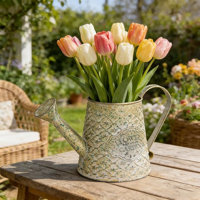 Vintage Green Metal Flower & Garden Watering Can, Rustic Farmhouse Decorative Watering Pot Planter for Home Patio Backyard Outdoor Plant Care