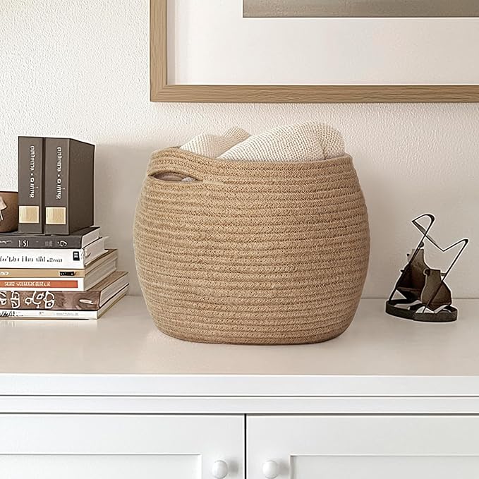 MEGASKET Decorative Wicker Storage Basket, 11" x 9" Indoor Plant Basket for Home Decor, Round Woven Dog Cat Toy Bin with Handle, Bathroom Towel Storage, Jute Planter Holder, Shelf Closet Organizer