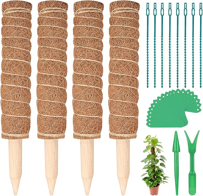 Kikhope Moss Pole Monstera Plants Support, 4 Pack 15.7 inch Coir Totem Poles, Plant Support Stakes, Plant Sticks, Coir Moss Stick for Indoor Potted Plants Train Creeper Plants Grow Upwards