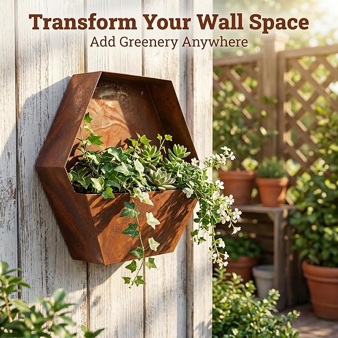 Topadorn Metal Hanging Planter Flower Pot Metal Container Wall Pocket Garden Bucket for Indoor or Outdoor Balcony Patio, Octagon 12"