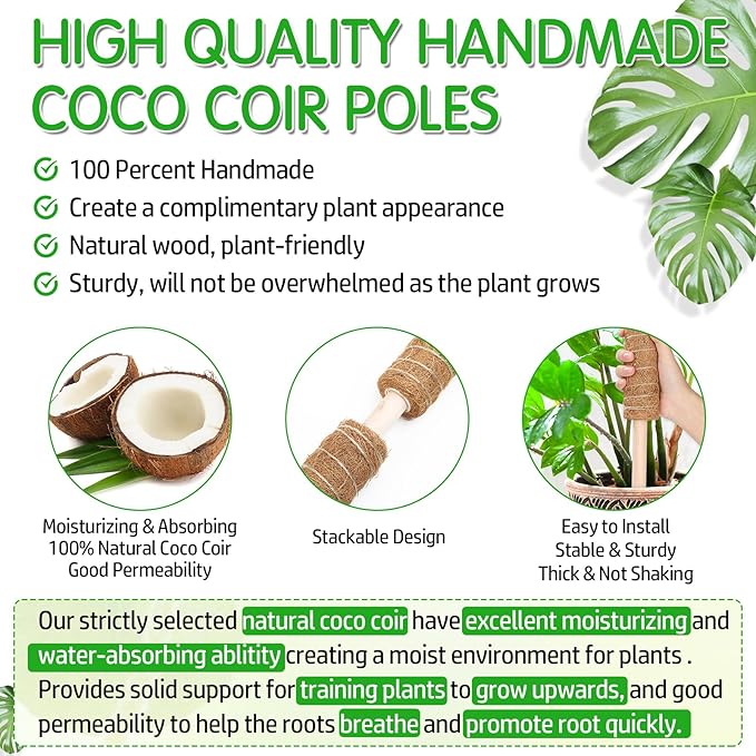 ROADPLUM 4 Pack 21.7" Coco Coir Poles, Stackable Plant Stakes Moss Pole for Plant Monstera with Twist Ties Plant Ties Labels Jute Rope, Plant Sticks Support for Climbing Plants Growth Indoor