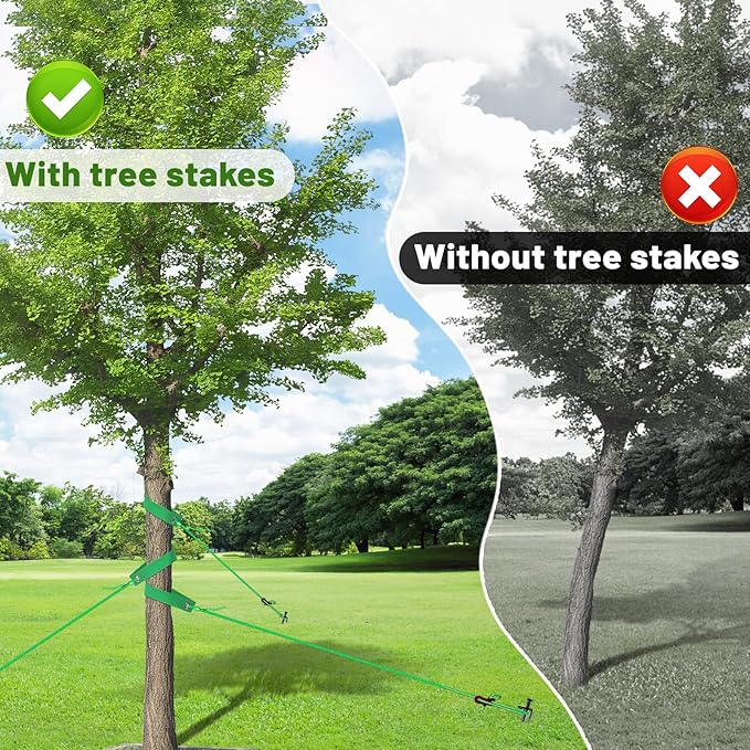 Fabulas Tree Stakes Kits, 6 Pcs 11.8 Inch Heavy Duty Steel Stakes and Supports for Leaning Young Trees Straightening with 6 Pcs Support Straps and 13.2ft Anchor Ropes, Against Strong Wind Bad Weather