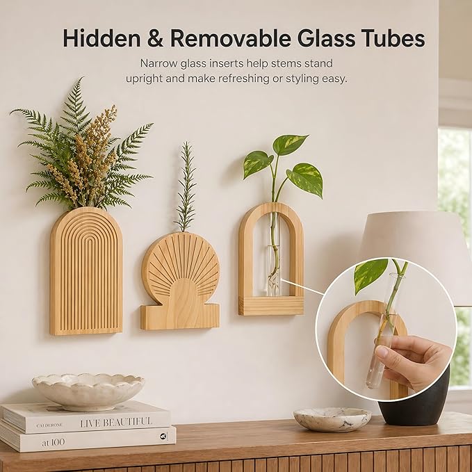 TBWIND Wooden Wall Vases Set of 3, Modern Farmhouse Arch Propagation Station with Glass Planter Tubes, Boho Fluted Hanging Decor for Entryway, Living Room & Narrow Spaces (Natural)