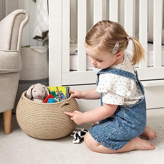 Goodpick Wicker Storage Basket for Living Room, Small Round Woven Basket for Toys, Towel, Bedroom, Children Corner Decoration Plant Baskets Indoor, Jute, 10"D x 8.3"H