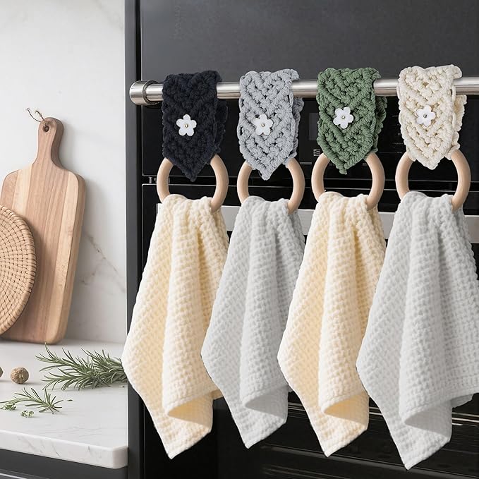 BROWNLILY 4 Pcs Handmade Crochet Towel Holder with Unique Flower Button for Bathroom, Hanging Towel Rack for Kitchen, Macrame Towel Hanger Over The Cabinet Oven Stove Door - Single Ring