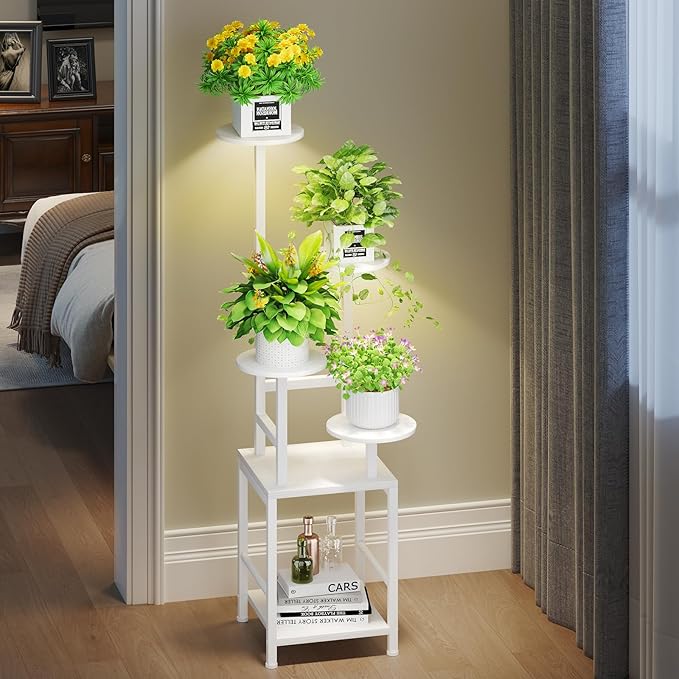 Homsorout Plant Stand Indoor with Grow Light, 5-Tiered Tall Plant Stand Indoor, Metal Plant Shelf with Adjustable Light, Ideal for Living Room, Garden, Round Patio white