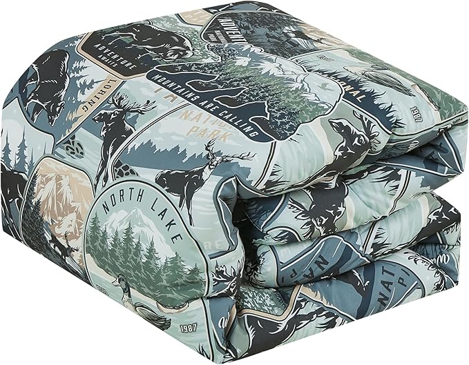Chezmoi Collection Bishop 3-Piece North Lake Motif Comforter Set - Multicolor Blue Green Brown Black Printed Washed Cabin Lodge Microfiber Bedding, Full
