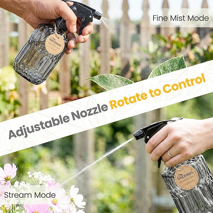 Watering Can Indoor Plants, 20 oz Metal Mini Indoor Watering Can with Long Spout for Houseplants, 13.5 oz Glass Plant Mister Spray Bottle for Bonsai Garden Flower Seedlings (Black/Grey)
