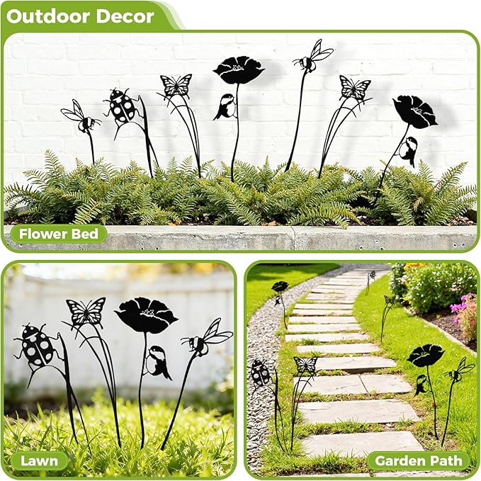 KODIBO 4-Pack Yard Stakes for Decorations, Black Metal Bird Bee Buttterfly Ladybug Silhouette Stakes, Weather-Resistant Garden Statues, Modern Yard Decor for Planters, Flower Bed, Patio & Lawn