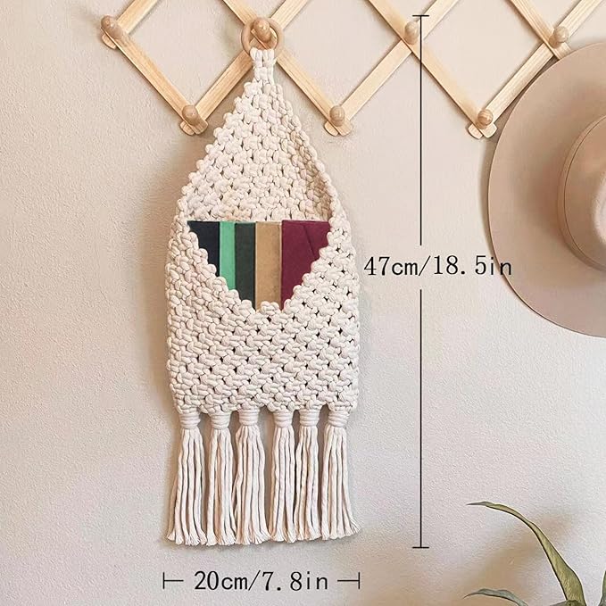 Macrame Mail Organizer Wall Mounted, Handmade Hanging Woven Basket for Boho Home Office Decor, Over the Door Key Letter Envelope File Holder for Entryway Hallway, White