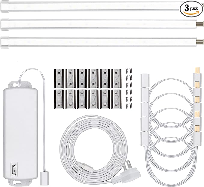UltraPro 10in. Linkable LED Bright Strips, 3 Pack, 825 Lumens, 2700K Warm White Light, Low Voltage, Under Cabinet Lighting, Strip Light, Flat Plug, Grow Lights for Indoor Plants, 44418