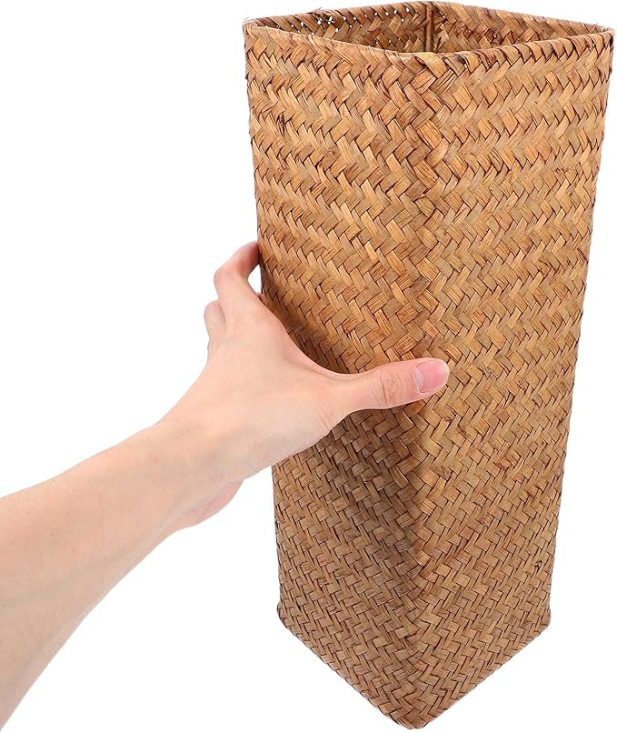 Rustic Large Woven Flower Basket Vase 14x14x38cm Seagrass Dried Flower Holder Boho Home Decor Planter for Indoor Floral Arrangement