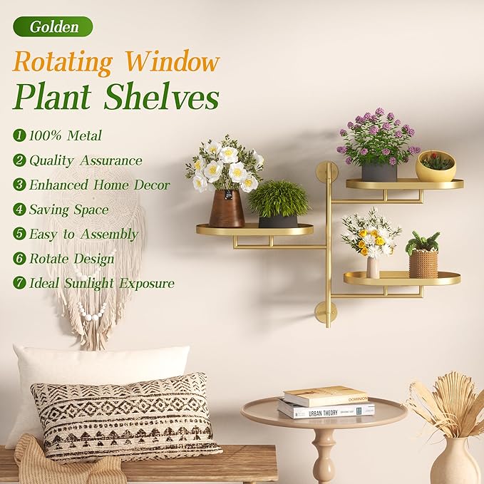 YQSLYSF Window Rotating Plant Stand Shelf Indoor Gold Metal Floating Shelves 3-Tier Wall Mount Plant hanger Holders for Wall Planter Modern Home Decor window sill gifts