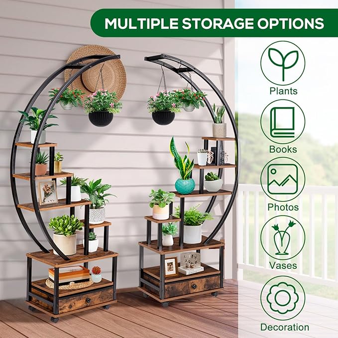 71” Tall 2 PCS Half Moon Indoor Plant Stand with Lockable Wheels, 14-Tier Plant Shelf with Drawer & Accessories, Plant Holder Display Rack for Multi-plants, Plant Rack for Balcony Living Room