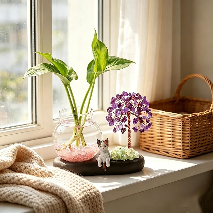 Plant Propagation Station, Amethyst Tree Hydroponic Glass Container Vase Jars with Cute Cat Figurine, Home Office Desks Aesthetic Decorations, Gift for Women Plant Lovers and Cat Lover