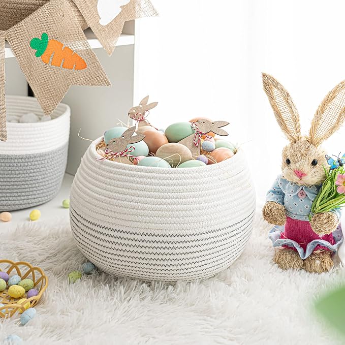 Goodpick Round Cotton Rope Storage Basket for Living Room, Bathroom, Kids' Corner & Shelves, Stores Towels, Cat Toys, Plants, White, 10"D x 8.3"H