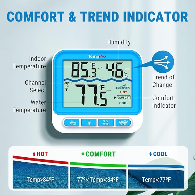 TempPro Waterproof Wireless Pool Thermometer Easy Read, Digital Pool Thermometer Floating for Swimming Pool, Hot Tub, Cold Plunge, Pond with 2 IPX8 Water Temperature Monitor (Previously ThermoPro)