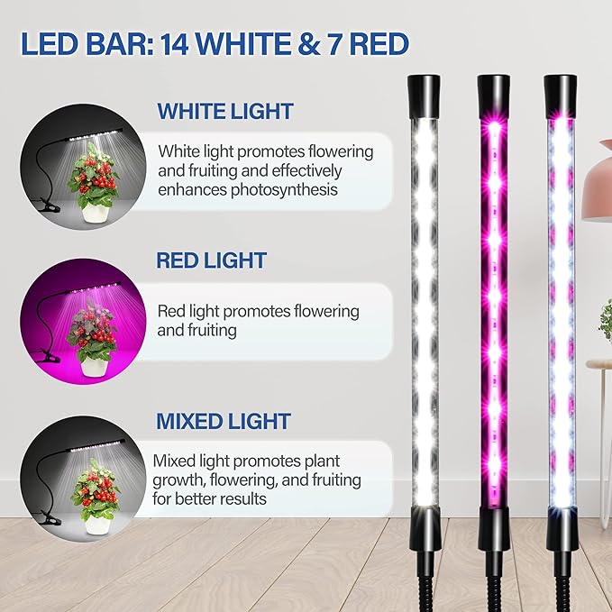 iPower Full Spectrum LED Grow Light for Indoor Plant Growing Lamp with Adjustable Gooseneck, Auto On/Off Timer 6/9/12H, 1 Tube, White