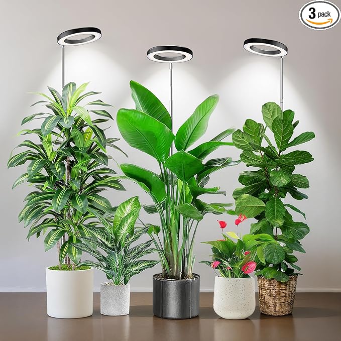 Kullsinss Black Grow Light, Full Spectrum LED Plant Lighs for Indoor Growing with 6/12/16H Timer, 3 Color Modes, 5 Brightness, 10"-60" Height Adjustable Grow Lamp for Tall Indoor Plants (3 Pack)