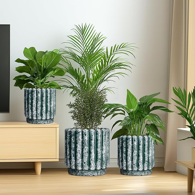 Ceramicfor 12 Inch Pots for Plants - Ceramic Indoor Planters with Drainage Hole, Decorative Large Planters for Outdoor Plants, Fluted Round Ceramic Flower Pots, Home Patio Decor, Birthday Gifts, Green