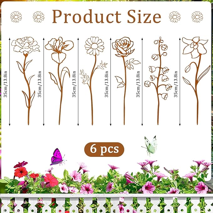 Rusty Metal Flowers for Outside, 6 PCS Decorative Garden Stakes, Metal Yard Art Outdoor Flower Bed Decor, Garden Stakes Decorative for Lawn, Pots, Walkway