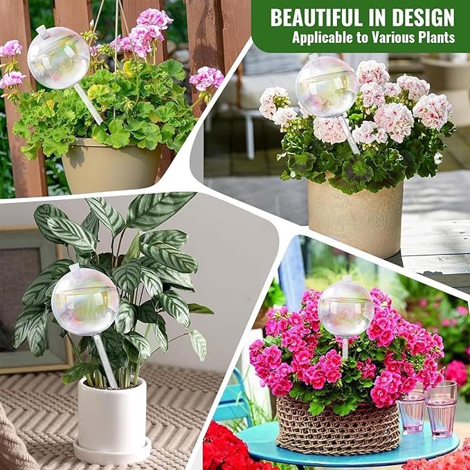 20oz Total Glass Watering Globes (4 Pack, 5oz/150ml Each), Up to 7 Days Self-Watering Bulbs for Plants, Top-Fill Design with Rubber Stopper, Iridescent Glass Decor for Indoor Outdoor Pots