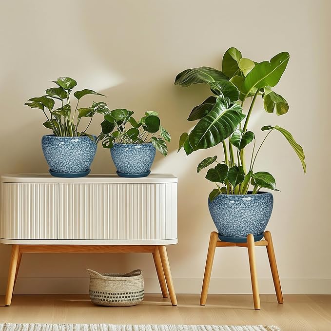 10 Inch Plant Pot - Ceramic Pots for Plants with Drainage Hole and Saucer, Ceramic Planters for Indoor Outdoor Plants, Round Flower Pots, Entryway Decor, Gifts for Plant Lovers, Stone Blue