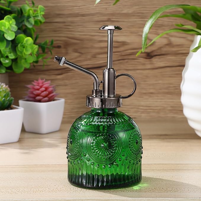 BESPORTBLE Glass Plant Mister Spray Bottle, 6.5 Green Glass Water Spray Bottle with Top Pump, Vintage Plant Watering Can, Small Mister for Outdoor Indoor House, Green