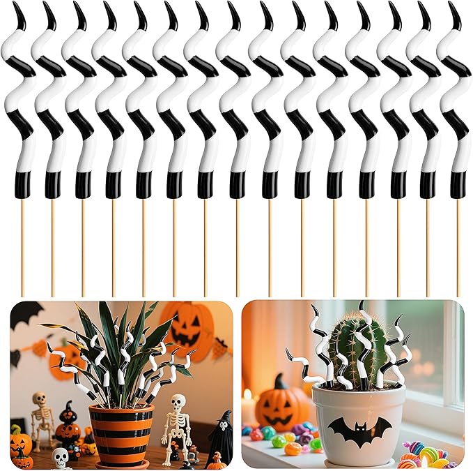 Adnee 15 Pcs Halloween Sandworm Tentacle Plant Stakes,9.5 Inch Spooky Plant Decorative Striped Stakes,Black and White Halloween Floral Picks for Indoor Outdoor Potted Plants