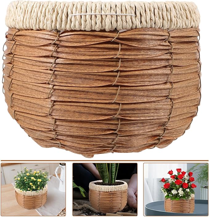 GANAZONO Woven Planter Basket Natural Rattan Plant Pot 7.28X7.28X5.31In Handwoven Multi-Purpose Flower Container for Indoor Outdoor Decor and Storage