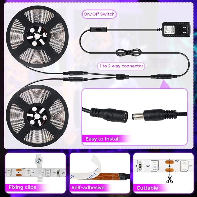LightingWill LED UV Black Light Strip Kit, Ultraviolet Waterproof IP65 32.8FT/10M 3528 600LEDs, 395nm-405nm Blacklight for DJ Bar Club Party Decor Night Fishing with 12V Power Supply