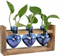 Plant Propagation Station 3Pcs Heart Vase with Wooden Stand Tabletop for Hydroponics Indoor Home Table Decor for Her Plant Lovers Women Mom Wife Daughter (Blue)