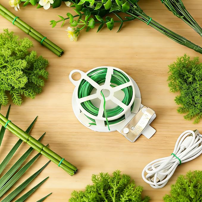 Plant Ties 98 Feet Green Garden Twist Ties with Built-in Cutter Plant Garden Twine Wire for Gardening Climbing Plants Support Indoor Outdoor Office Home Cable Organization Rustproof Flexible Reusable