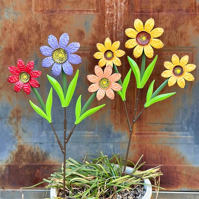 HUTHDAK Metal Flowers for Outside,2 Pack Large Colorful Decorative Garden Stakes Yard Art,Spring Garden Decor for Lawn, Pathway & Garden(21.9 * 12IN)