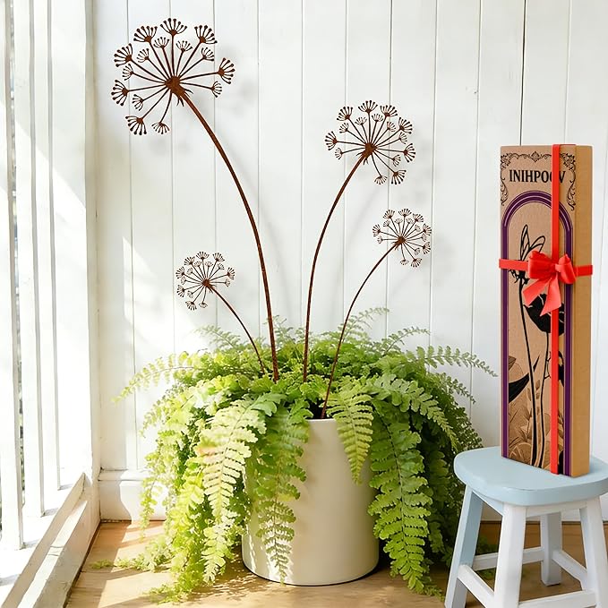 4-Pack Dandelion Metal Flowers for Outside, Rustic Wild Flower Decorative Garden Stakes for Potted Plants, Metal Yard Art, Gift-Boxed Indoor & Outdoor Garden Decor (Dandelion Flower Set)