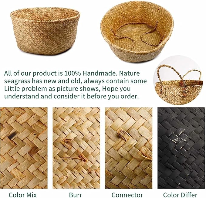 Seagrass Plant Basket Set of 3 Handmade Woven Belly Basket with Handles 3 Different Size Home Decor Storage Basket Large Storage Laundry Picnic Plant Pot Cover Pot Woven Straw Basket(S+M+L,Original)