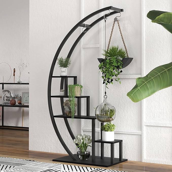 GarveeLife Plant Stand Indoor 5 Tier Tall, Metal Half Moon Plant Shelf 2 Pack, Stylish Tiered Flower Rack for Multiple Plants Display, Tall and Space-Saving Design