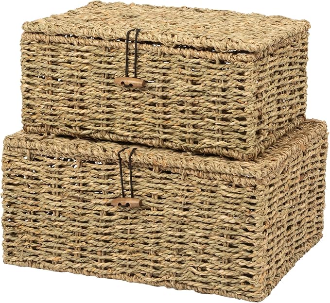Handwoven Wicker Baskets Decorative Storage Boxes with Lids Set of 2, Natural Seagrass, Nesting Organizer Boxes for Closet, Shelf, Home Decor
