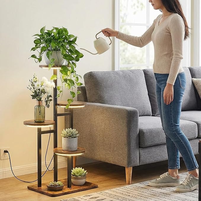 4 Tier Plant Stand Indoor with Grow Light, Tiered Plant Stands for Indoor Plants Multiple, Corner Flower Stand for Living Room, Multi-Layer Vintage Design Plant Shelf