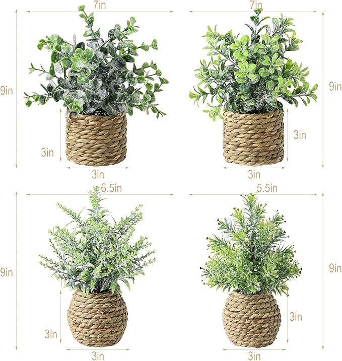 Small Fake Potted Plants: 7 Inches Artificial Plants with Seagrass Handwoven Planters, Indoor Farmhouse Spring Decorations, Eucalyptus Plant for Home Bathroom Office Shelf Tabletop Desk Room Decor