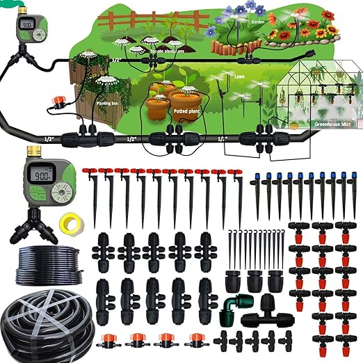 160Ft Drip Irrigation System for Garden with Water Timer, Main Water Hose ID 1/2inch 32Ft, 1/4in 131Ft, Sufficient Water Pressure, Irrigation Dripper Waterflow Evenly, Easy DIY Garden Watering System