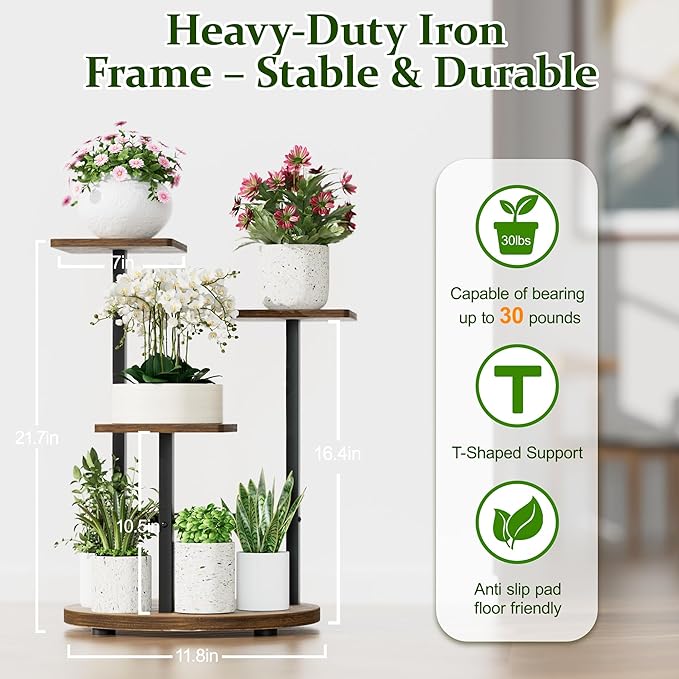 3 Tier Square Wood Plant Stand Indoor Outdoor, Wood Tall Plant Rack, Heavy Duty Wrought Iron Flower Pot Stand, Planter Display Rack for Living Room Balcony Garden Patio - BlackSquare